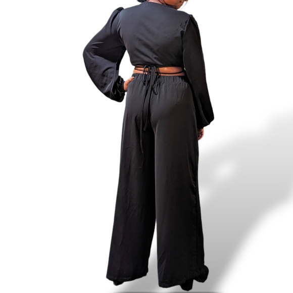 SOLD!!Lantern Sleeve Wrap Knot Back Crop Top with Wide Leg Pants - Picture 1 of 3
